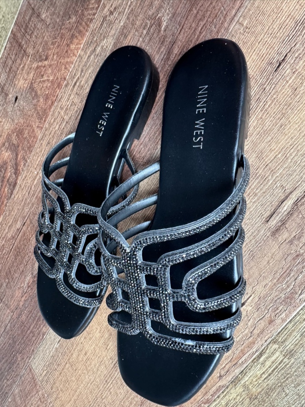Nine West Black Crystal-Trim Slide Sandals